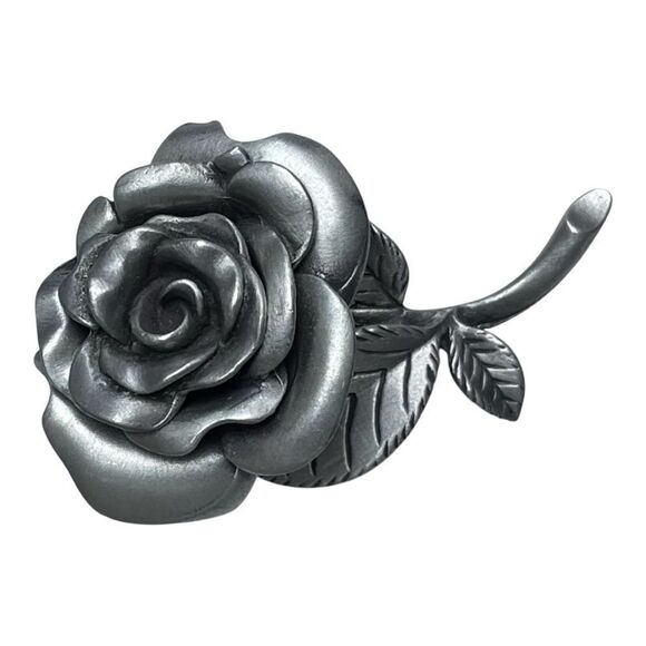 Vintage Brooch Pewter Layered Rose Stem Signed AJRCO Jewelry Pin - Picture 5 of 11